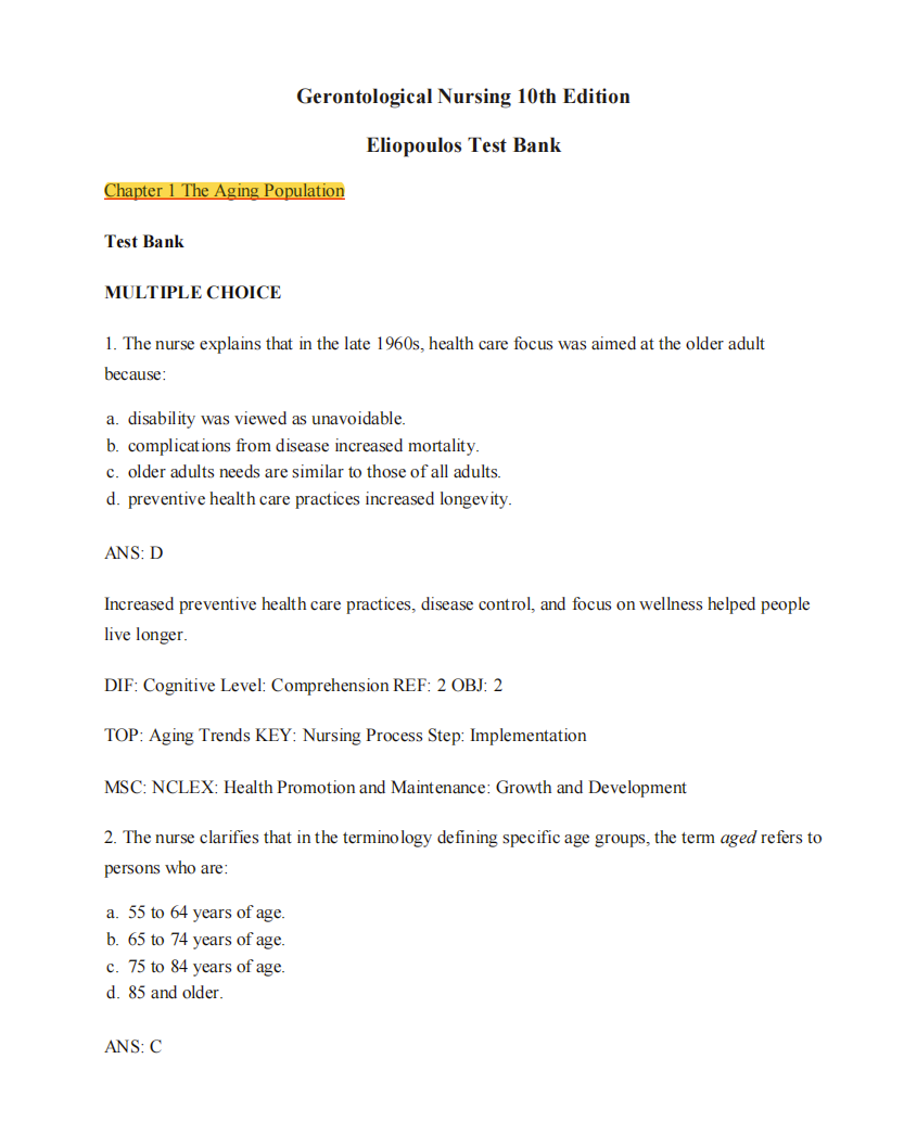 Gerontological Nursing 10th Test Bank by Charlotte Eliopoulos