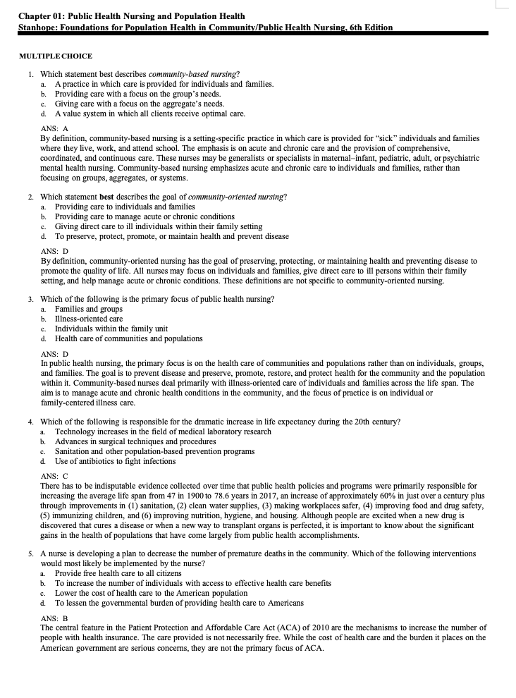 Foundations for Population Health in Community Public Health Nursing 6th Test Bank by Stanhope
