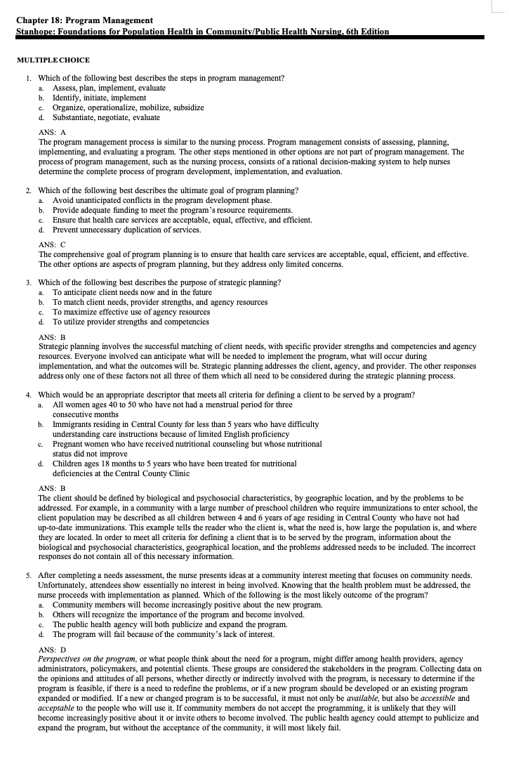 Foundations for Population Health in Community Public Health Nursing 6th Test Bank by Stanhope