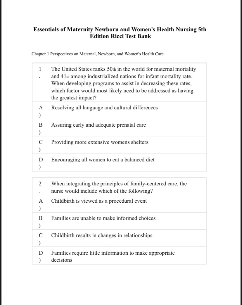 Essentials of Maternity Newborn and Women's Health Nursing 5th Edition Test Bank by Ricci