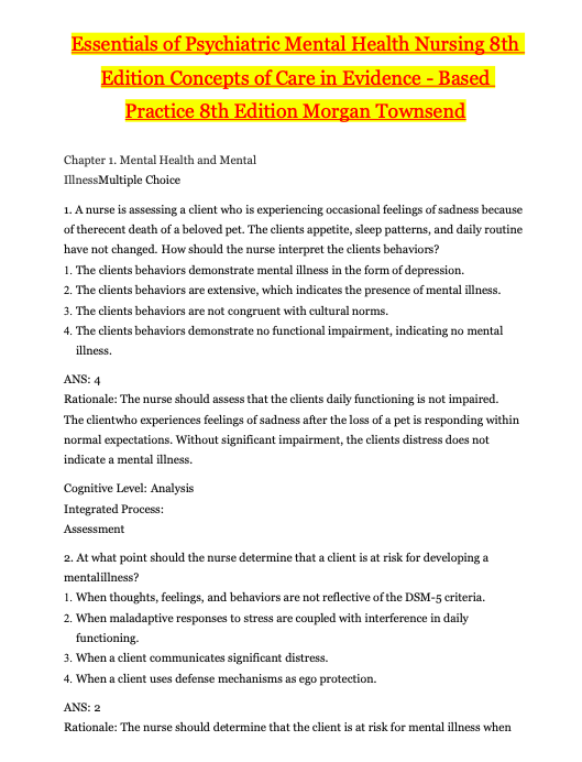 Essentials of Psychiatric Mental Health Nursing 8th Concepts of Care in Evidence Test Bank by Morgan Townsend