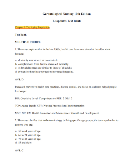 Gerontological Nursing 10th Test Bank by Charlotte Eliopoulos