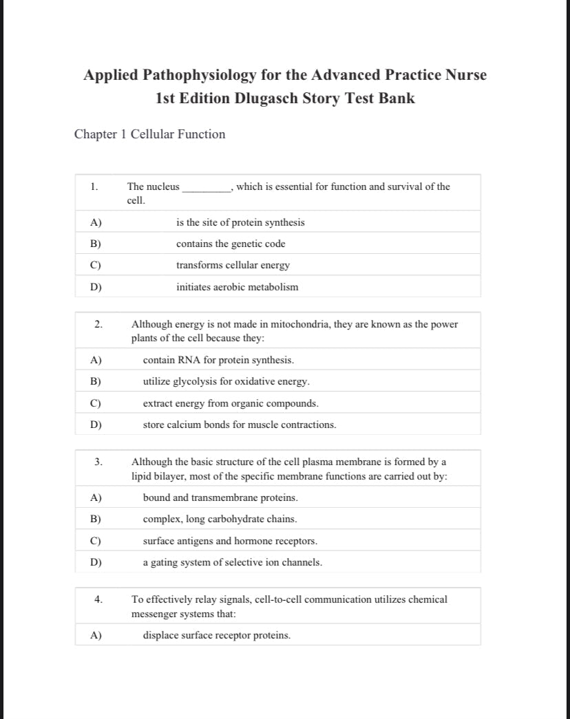 Applied Pathophysiology for the Advanced Practice Nurse 1st Edition Test Bank Dlugasch Story